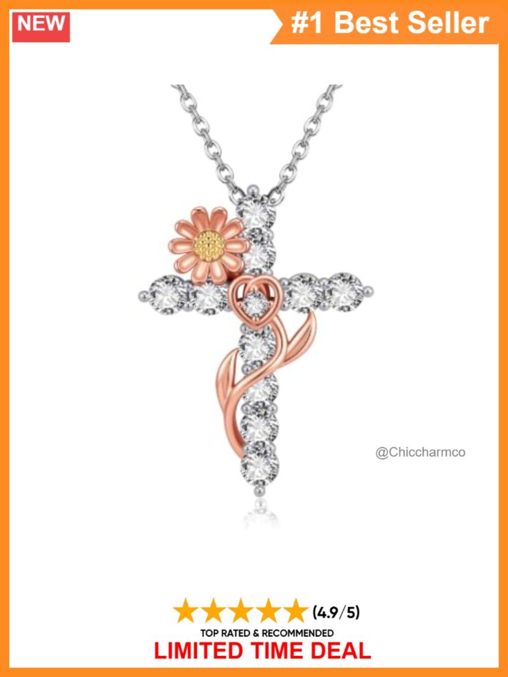 925 Sterling Silver Flower Cross Necklace Daisy Crucifix Pendant 18in Chain